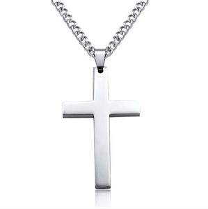 Large Silver Stainless Steel Cross Crucifix Pendant Necklace Mens Womens Unisex